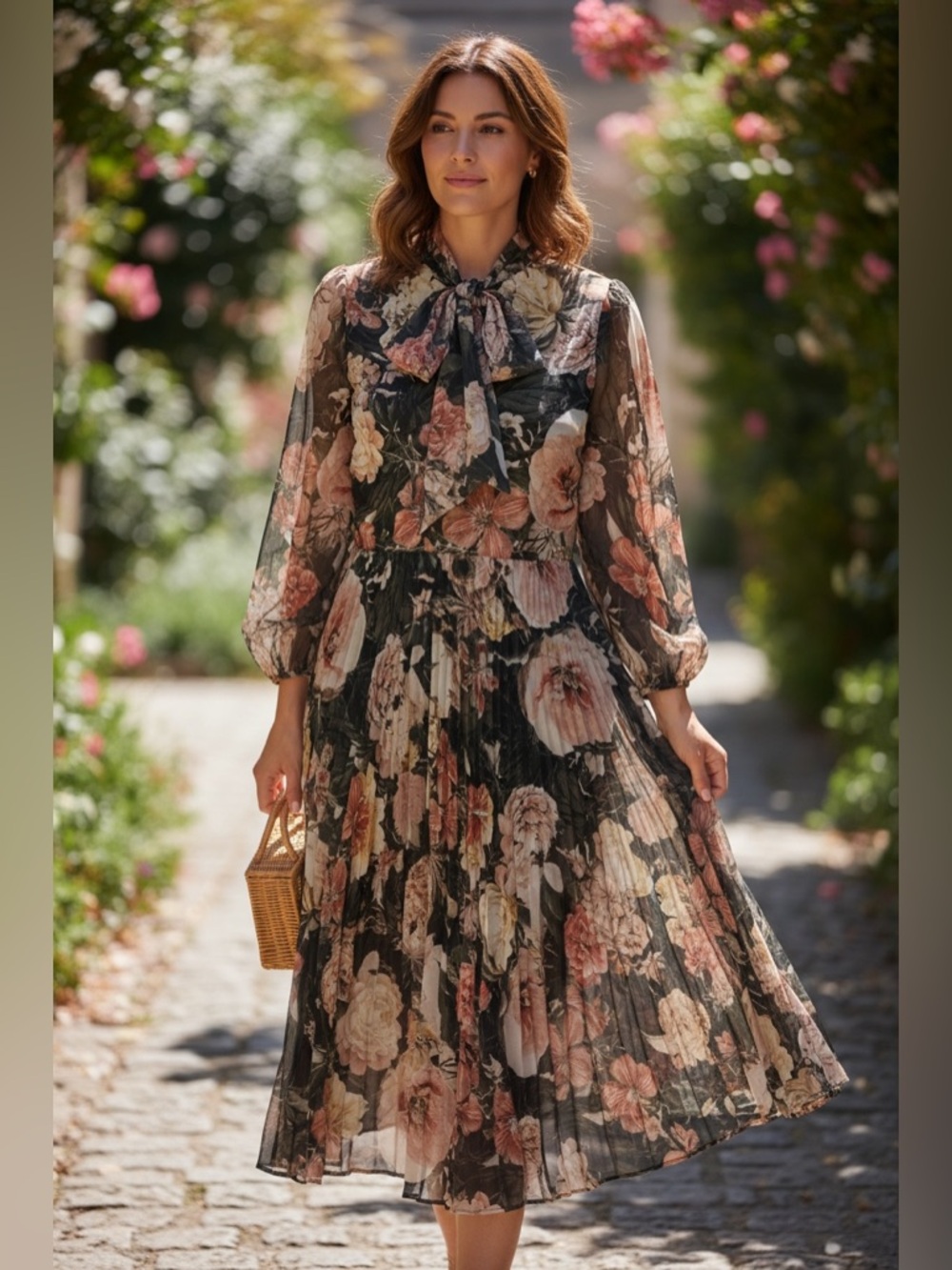 Setre Woman Floral Pleated Midi Dress Dark Green Multicolor Tie Neck Long Sleeve